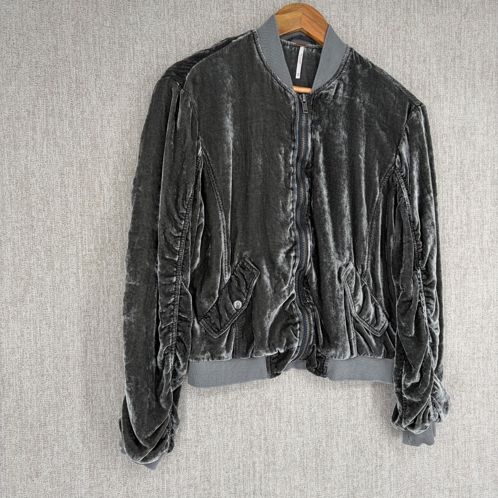 Free People Jacket Womens XS Green Ruched Velvet Bomber Full Zip Velour Varsity - Picture 4 of 13